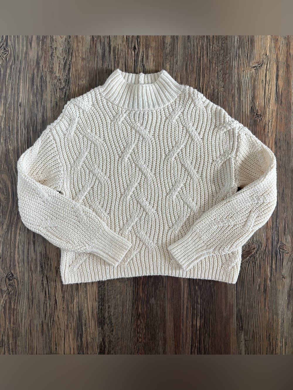 American Eagle Mock Neck Cable-Knit Pullover Sweater Womens Small Cream Chunky